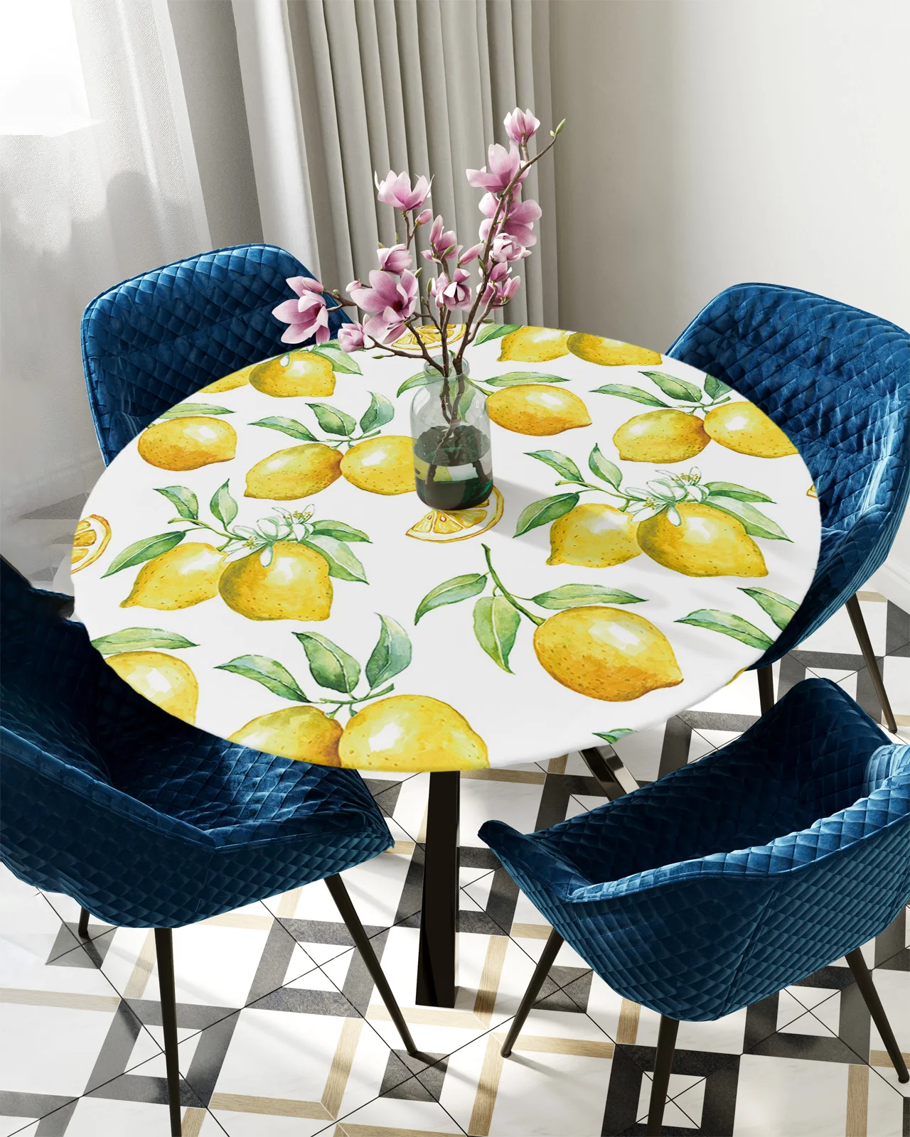 

Watercolor Lemon Fruit White Yellow Round Rectangular Waterproof Elastic Tablecloth Home Kitchen Dining Room Table Cloth Cover