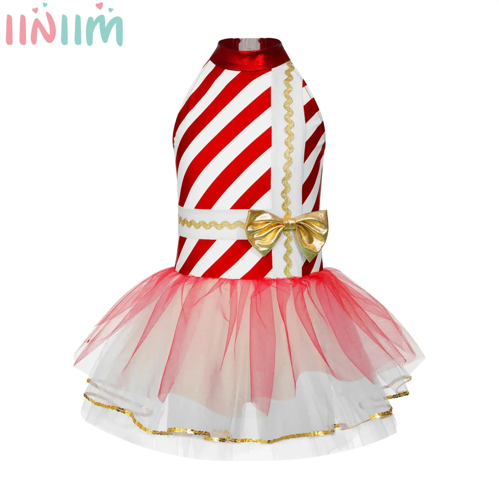 

Kids Girls Christmas Ballet Dance Tutu Dress Figure Ice Skating Performance Dress Xmas Candy Cane Miss Santa Cosplay Costume