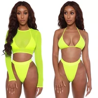 2022 neon yellow crop top swimwear women summer sexy beachwear mesh long sleeve cover ups top three piece swimsuit set