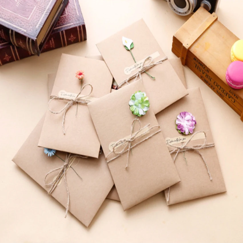 

5Pack Retro Kraft Dried Flower Greeting Card With Envelope Message Invitation Wedding Party Card Stationery handmade Christmas