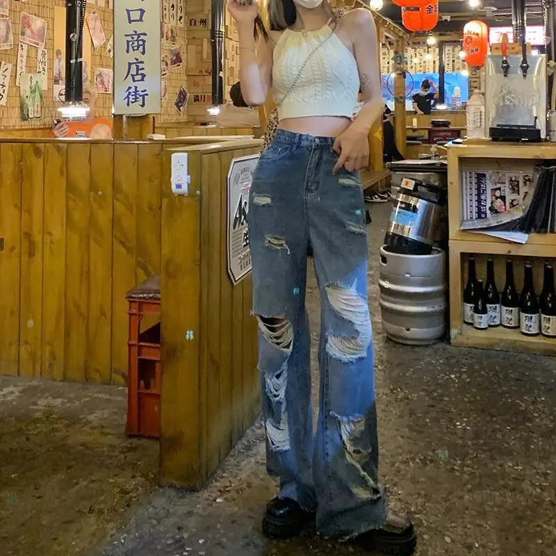 

Fashion Ripped Jeans Women's Tide Loose Wide-leg Pants Summer 2022 New High-waisted Thin Straight-leg Women Pants E126