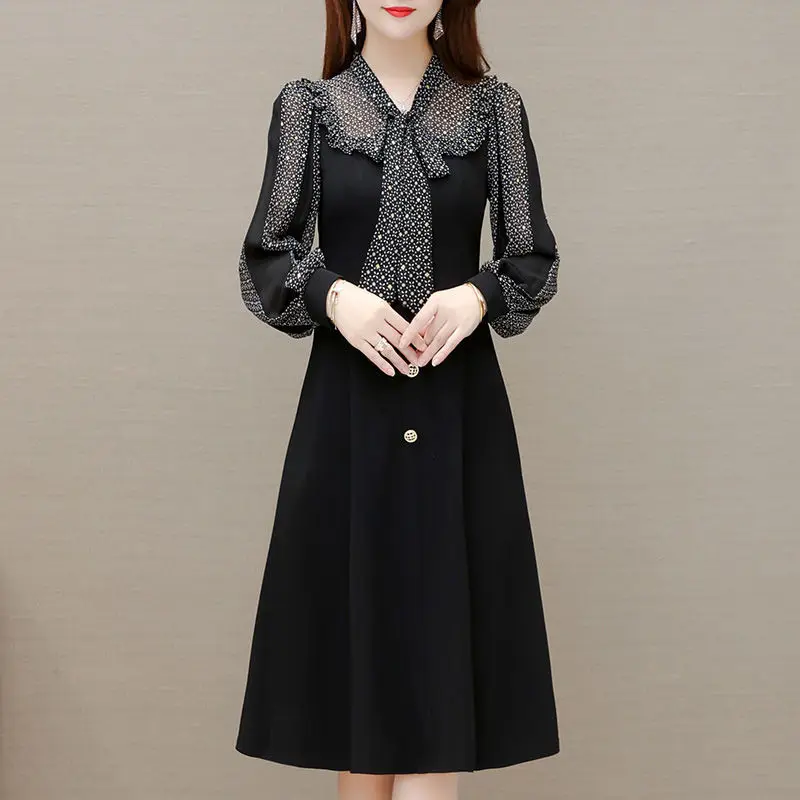 

Office Lady Floral Spliced Fashion Dresses 2022 Spring Korean Fake Two Pieces Elegant Female Scarf Collar Long Sleeve Dress