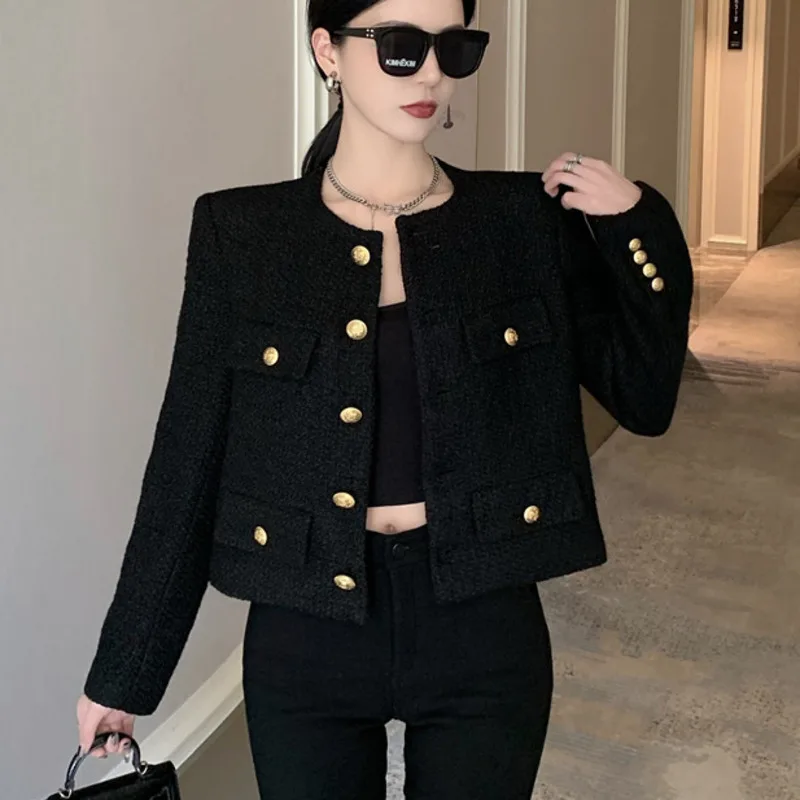 Fall Winter French Vintage Small Fragrant Tweed Jacket Coat Women Elegant Casual Woolen Short Coats Streetwear Outwear Crop Top