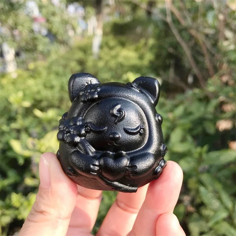 

5.2cm Natural Black Obsidian Crystal Dharma Cat Carving Animal Polished Statue Healing Reiki Gem Crafts For Home Decor 1pcs