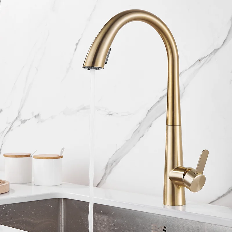 Tuqiu Kitchen Faucets Brushed Gold Faucets for Kitchen Sink Single Lever Pull Out Spring Spout Mixers Tap Hot Cold Water Crane