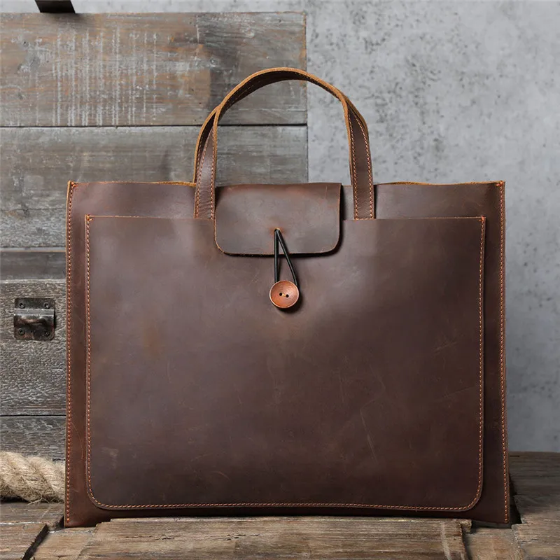Vintage crazy horse cowhide men briefcase minimalist natural genuine leather laptop handbag business simple A4 file package