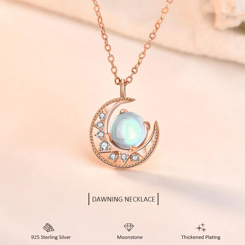 

Original Design S925 Silver Moon and Star Necklace for Women Dawn Moonstone Pendant Chain Birthday Anniversary Fine Jewelry