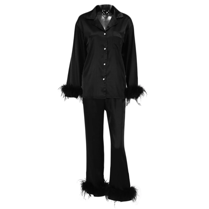 Womens Silk Satin Pajamas Loungewear Two-piece Sleepwear Feathers Pajamas Set