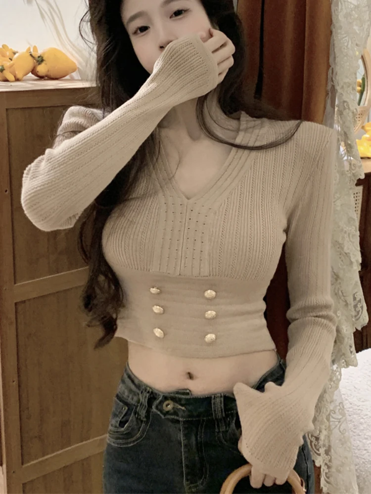 Свитера женские однотонные универсальные элегантные модные свитера с v-образным