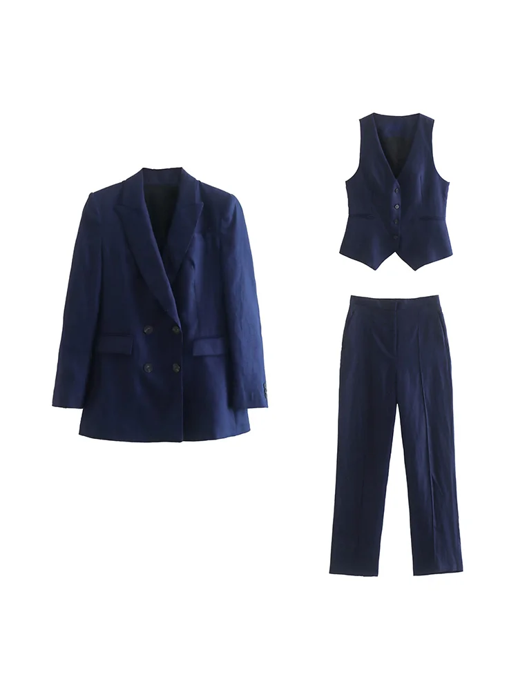 Office Lady Elegant Suits For Women 2022 Blazer + Waistcoat Vest + Straight Leg Pants Faux Linen Matching Sets Womens Outfits