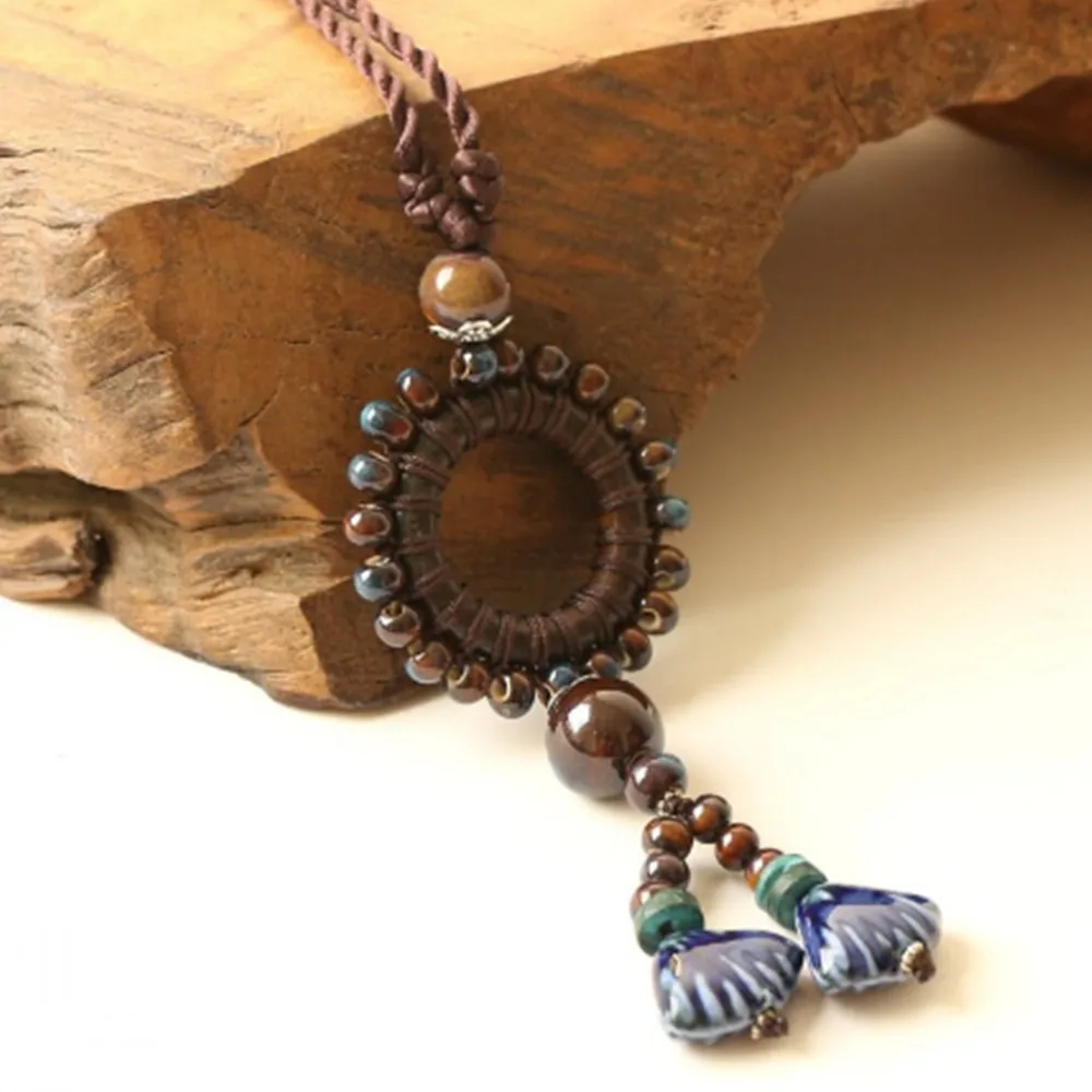 

Retro ethnic style Handmad ceramic Beads pendant sweater chain necklace N375