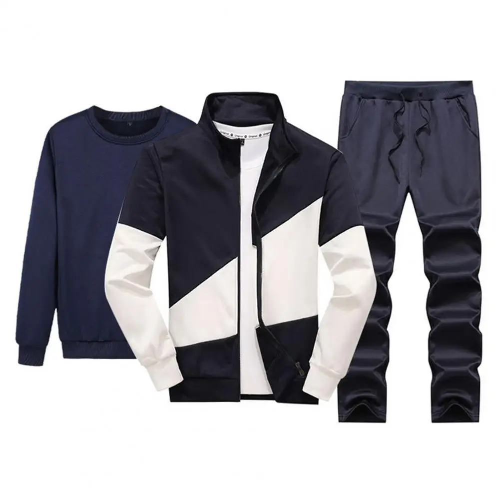 

Breathable Sports Suit Men's 3-piece Sweat Suit Breathable Sportswear Kit with Contrast Color Jacket O Neck Sweatshirt