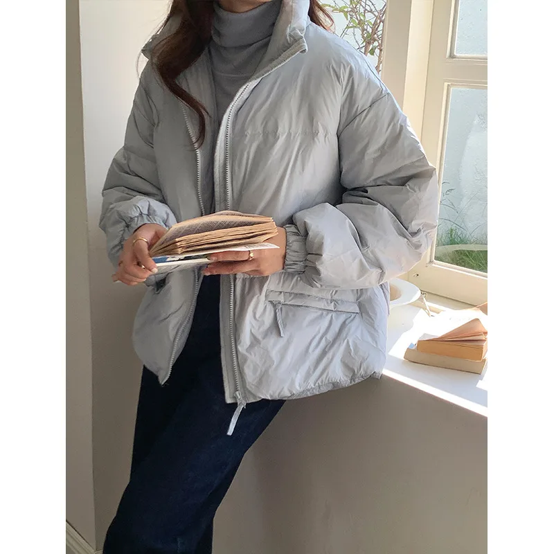 Down Jacket Women's Short Winter Loose Cotton Clothing Solid Color Casual Thick Standing Collar Warm White Eiderdown Coat