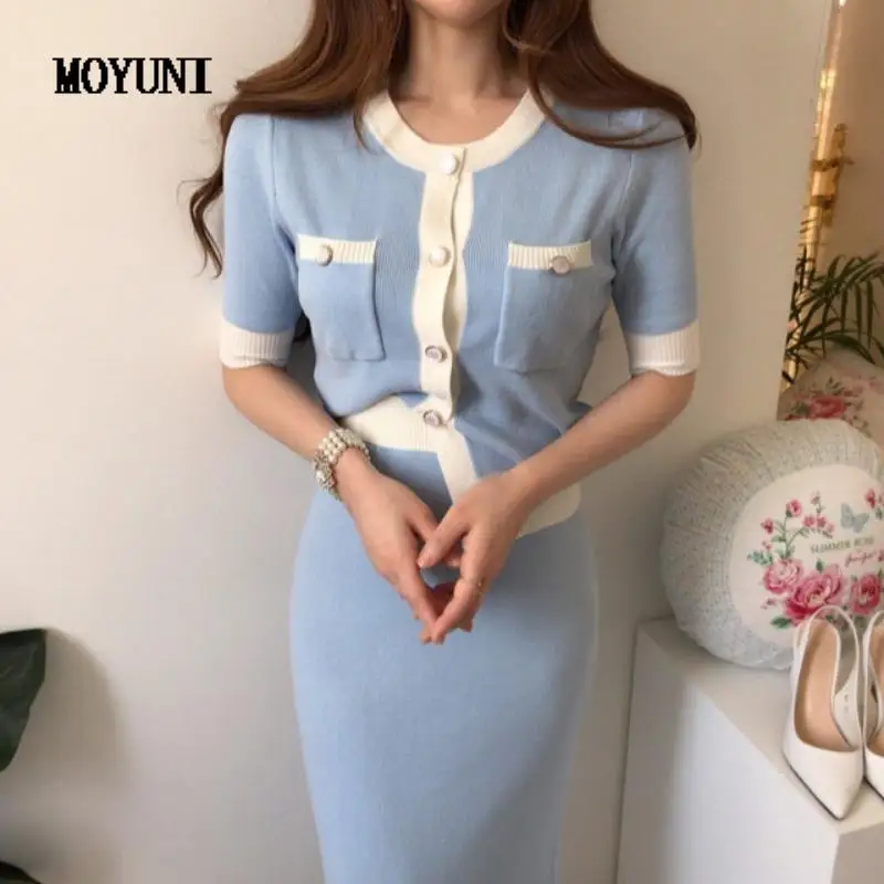 

Conjuntos De Vestido Temperament French Contrast Round Short Sleeve Sweater Knit Cardigan Coat Wrap Hip Skirts Summer Sets