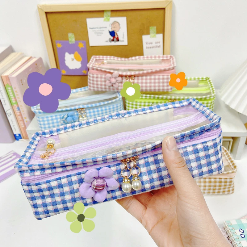 

Plaid PencilCase transparent Large Capacity Cosmetic Travel Storage Bag Stationary Pen Storage Bag Student Pencil Case Exam room