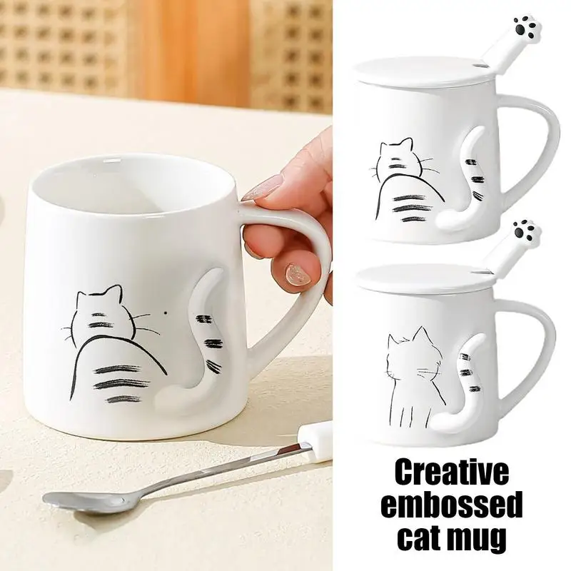 

Cat Coffee Mugs Large Capacity Creative Drinkware Tea Cup With Lid And Spoon Dustproof Ceramic Funny Milk Water Cup For Women
