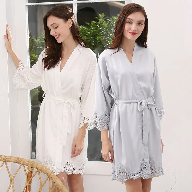 Owiter 2020 New Women Matt Satin Lace Robe Bride Robe Bridesmaid Robes Bridal Wedding Short Robe Bathrobe Sleepwear Dressing