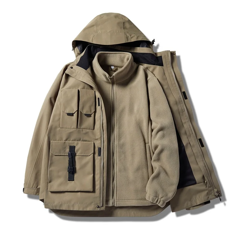 Couple's Three-in-one Detachable Jacket Outdoor Waterproof  Windproof Mountaineering Clothing Multi-pocket Tooling Warm Jacket