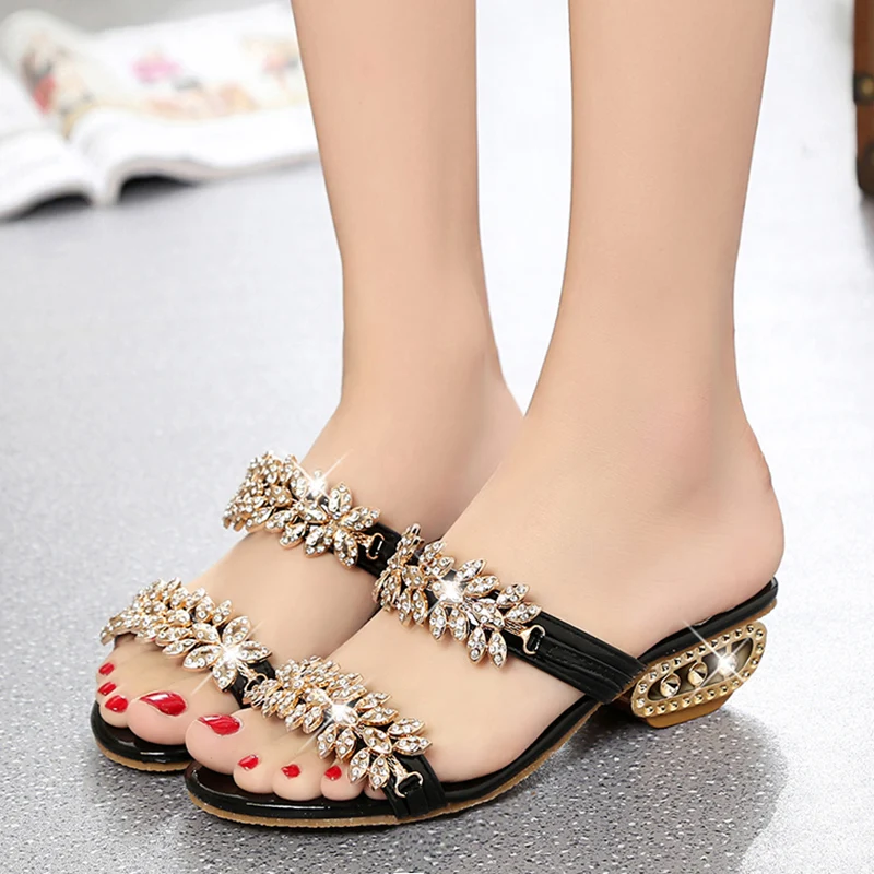 

Rimocy Luxury Crystal Slippers Women Summer 2022 Outdoor Bling Rhinestones Slides Woman Comfortable Med Heels Sandals Flip Flops