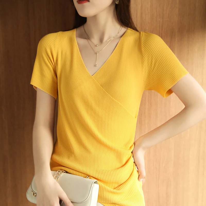 

Summer 2022 new ice silk short sleeve cross V-neck temperament versatile t-shirt design feeling slim thin style