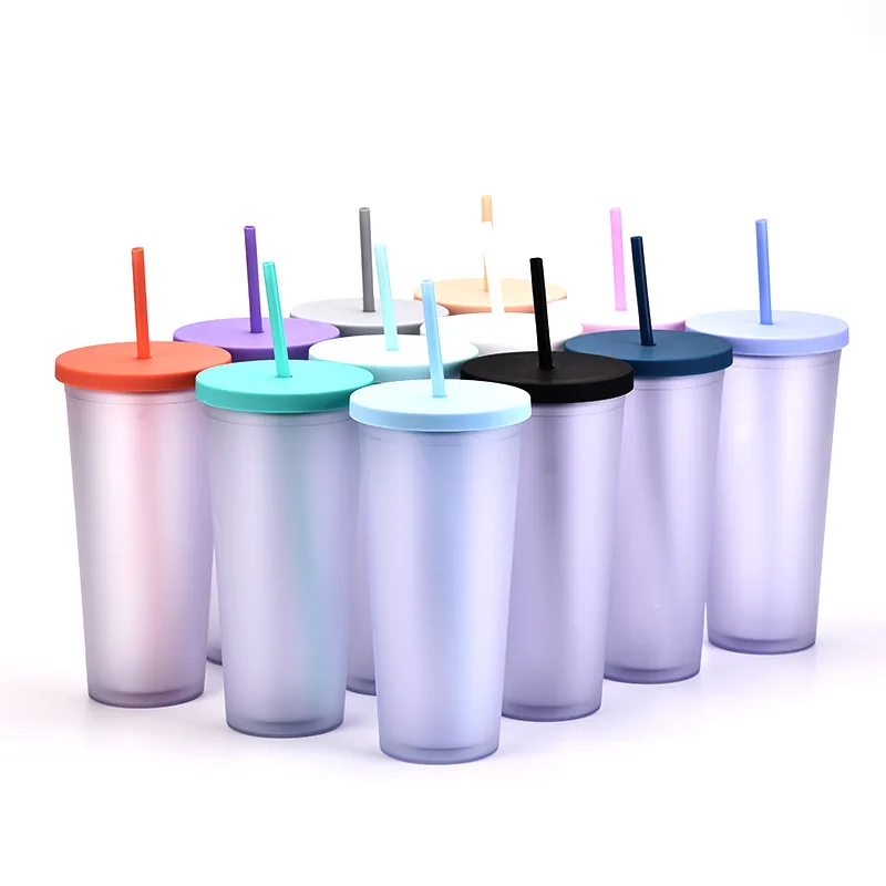 

24oz Plastic Cup Inspirational Acrylic Tumbler with Lid and Straw Double Wall Portable Frosted Drinks Cup for Iced Coffee