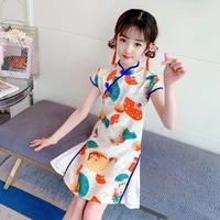 chinese cheongsam dress for girls princess colored fan print hanfu dresses kids short sleeve qipao clothes for 4 7 8 9 11 12 14y