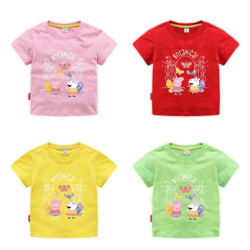

Летняя Новинка, футболка Peppa Pig2023 из натурального хлопка с короткими рукавами для девочек с изображением Георга свиньи, Детский милый топ с короткими рукавами