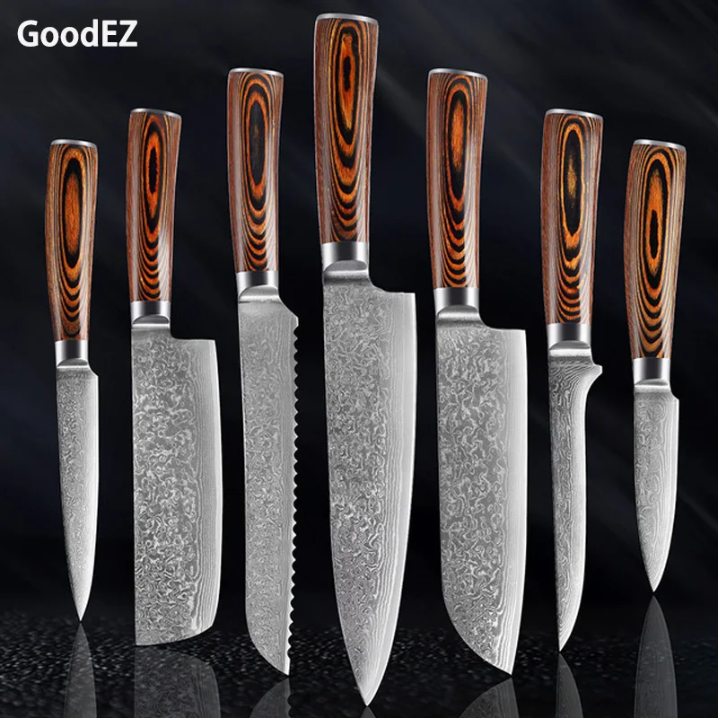 GoodEZ Kiritsuke Knife Damascus Cook Knives For Filleting Fish VG10 Chinese Chef Knife Cleaver Professional Kitchen Knives Set