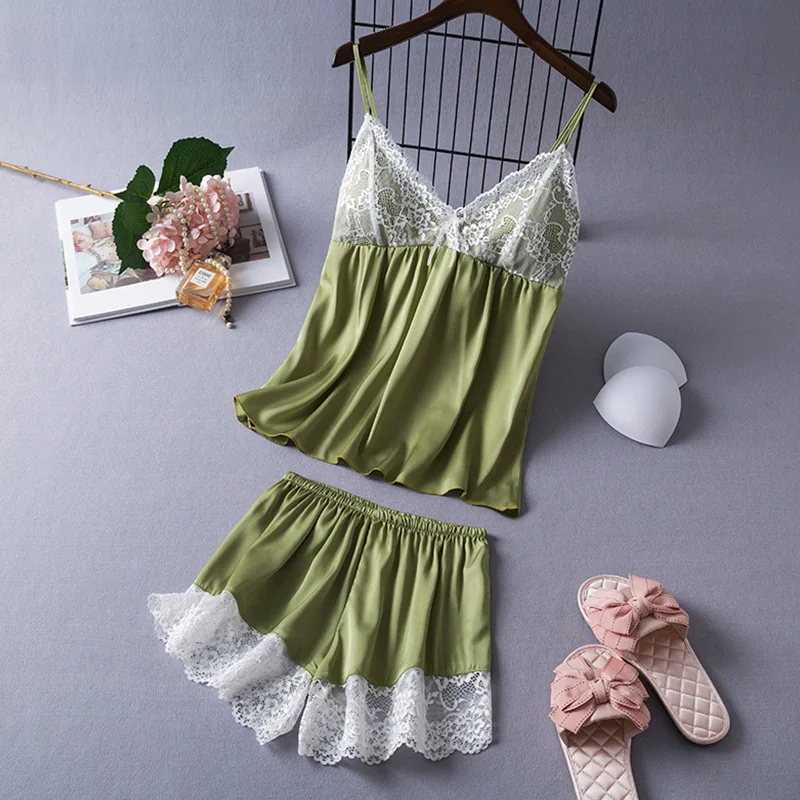 Women 2Pcs Suspenders Shorts Nightwear Pajamas Solid Color Sleepwear Sleep Suit Ice Sik Lace V Neck Home Clothes Loungewear