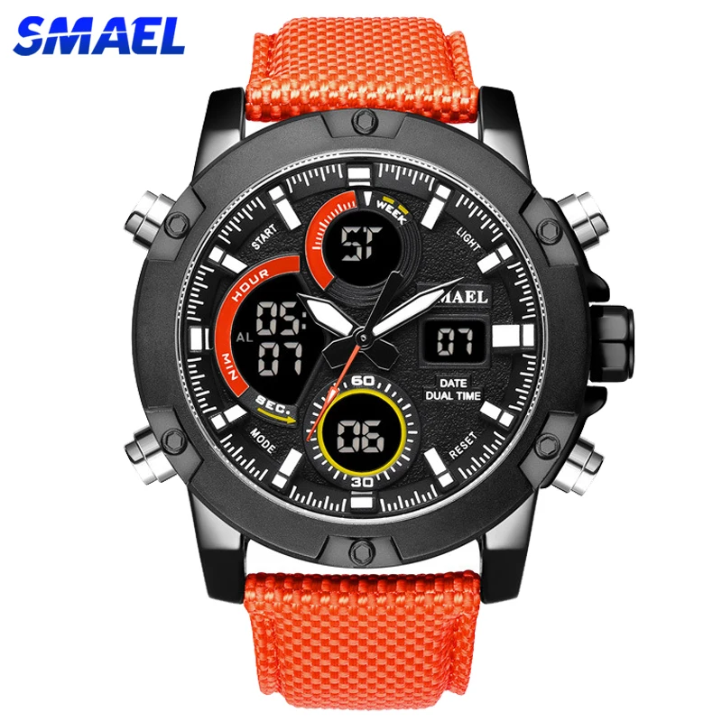 

Мужские наручные часы с циферблатом SMAEL, спортивные аналоговые часы с цифровым ЖК-дисплеем, кварцевый часовой механизм, секундомер, часы с нейлоновым ремешком