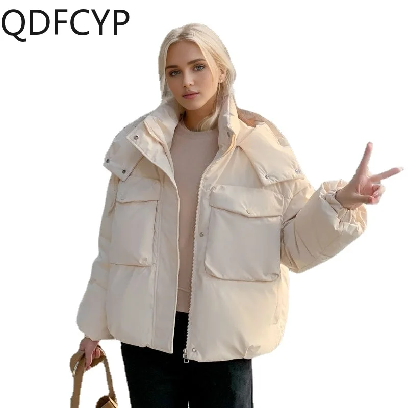 

2023 Womens Coats New Autumen Winter Casual Simplicity Cotton-padded Jacket Korean Version High Street Hooded Short Parka Female