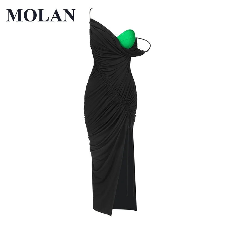MOLAN Woman Sexy Summer Dress Patcherwork Suspender Sexy Mesh Pleated Contrasting Female 2022 New High Split Dress