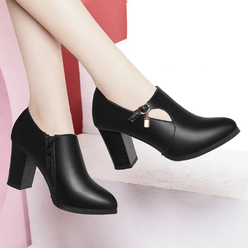

Women Shoes Autumn Winter PU Leather Pointed Toe 8cm Thick High Heel Solid Mom Shoes Zipper Wedding Female Pumps Boots Plus Size
