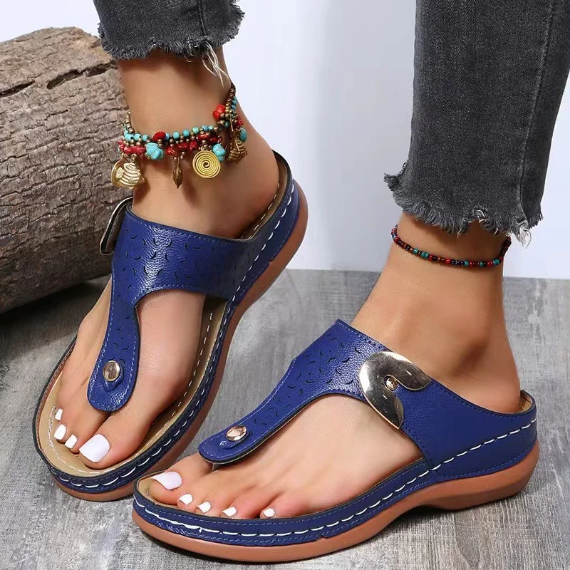 

New Women's Retro Slippers Wedge Non-slip Flip Flops Casual Party Bohemian Style Comfort Rivet Summer Leather Slippers for Women