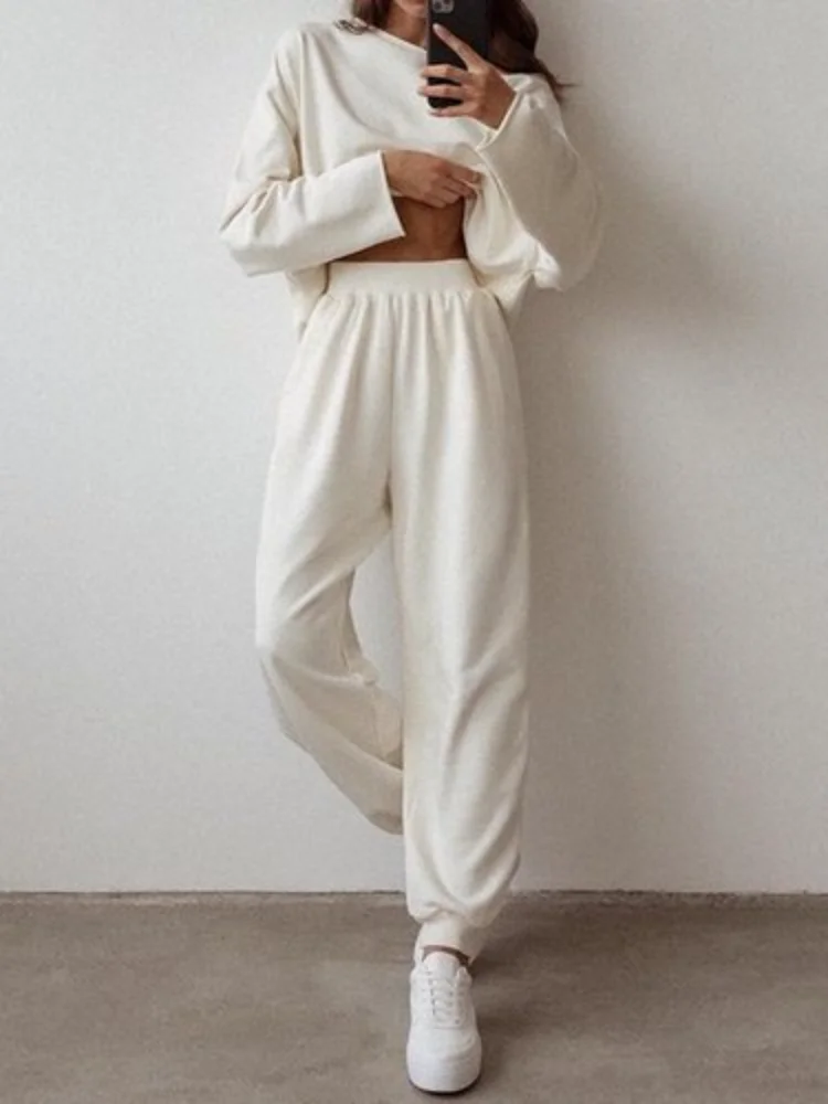 

Женский спортивный костюм из 2 предметов, свободный удобный однотонный Повседневный пуловер в простом стиле с длинным рукавом, одежда для весны и осени