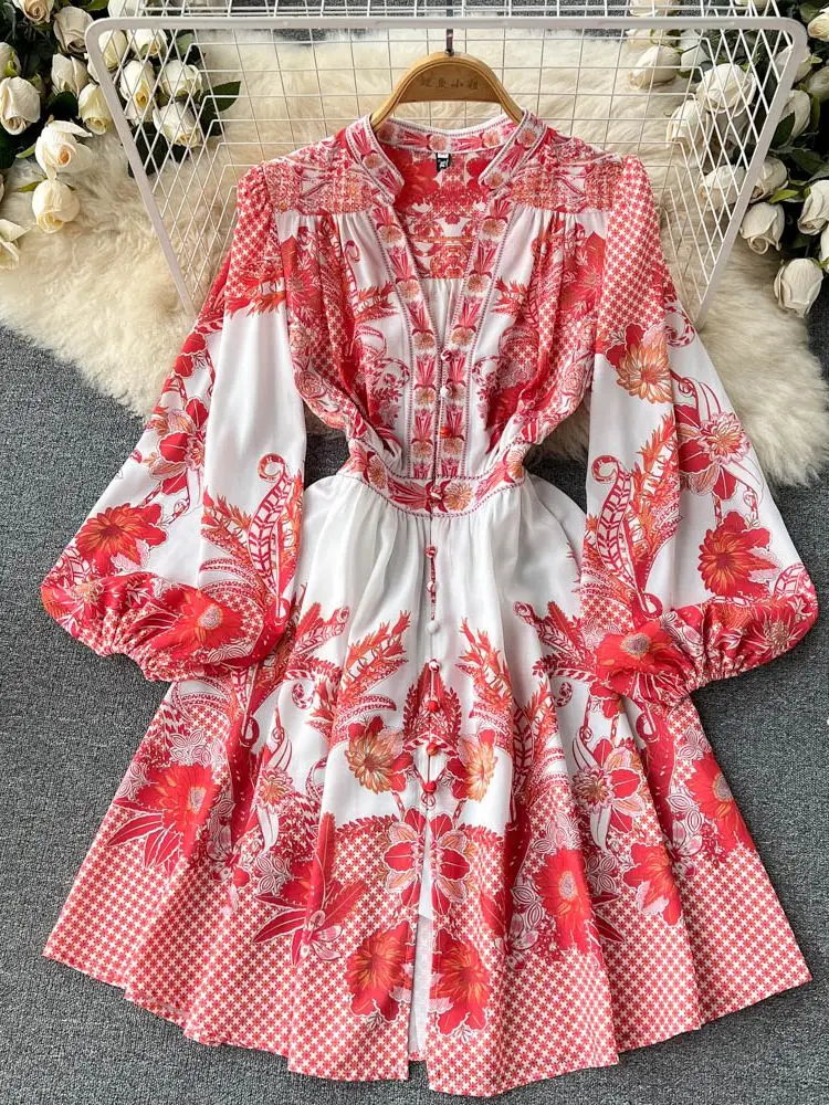 

Banulin Runway Casual Floral Print Boho Dress For Women V-Neck Puff Sleeve Single Breasted High Waist Mini Dress Female N6267