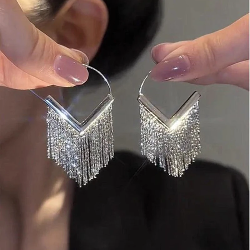 

DREJEW Silver Color Earrings for Women 2023 Trending Simple Geometric Bar Long Thread Tassel Dangle Earring New In Ear Jewelry