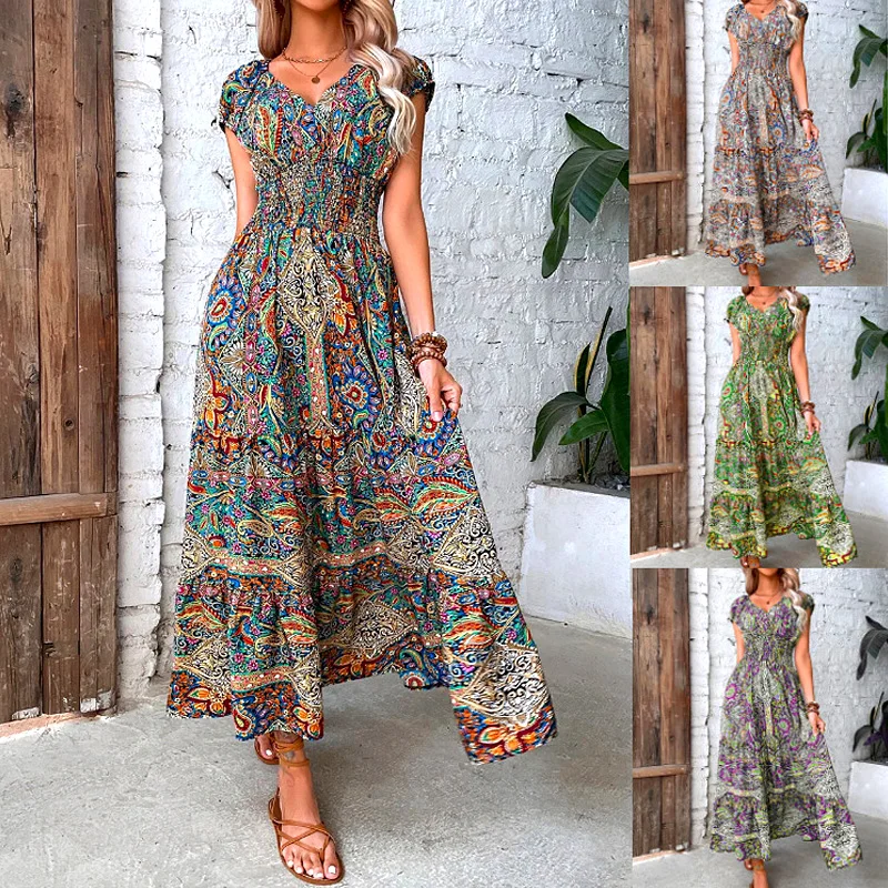 

Women Boho Print Maxi Dresses Summer Elegant Vintage V Neck Elastic Waist Long Dress Casual Ankle Length Big Swing A-line Dress