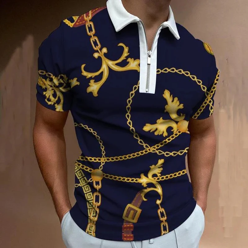 

Chain Art 3D Print Polo Zipper Short Sleeve Shirt for Men