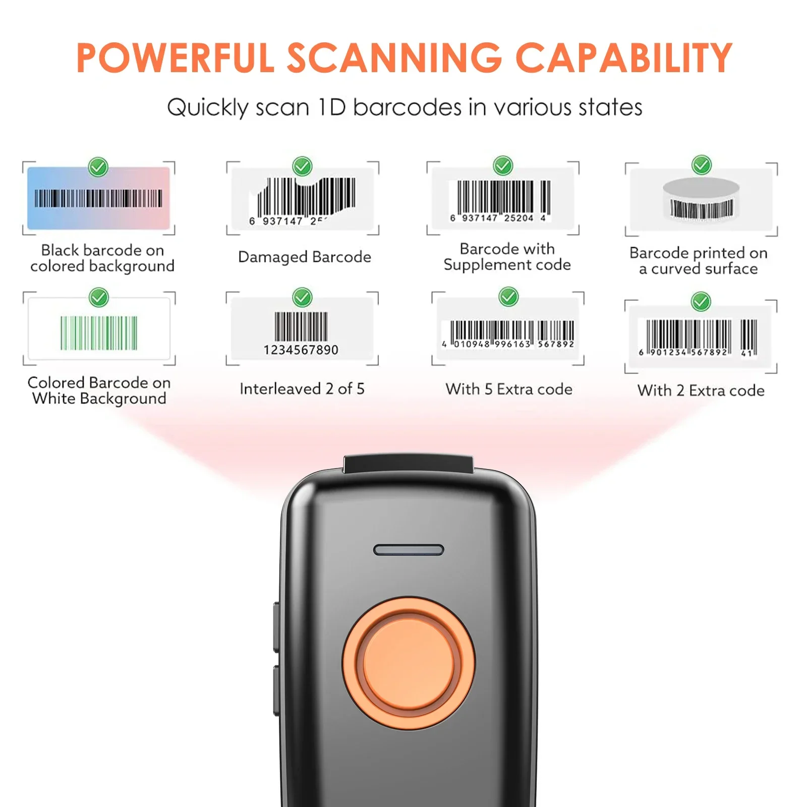 Фото EYOYO EY-023L Мини-сканер штрих-кода 1D — беспроводная связь 2,4G/Bluetooth для Android/iOS/Windows, лазерный считыватель с автоматическим режимом сна №2