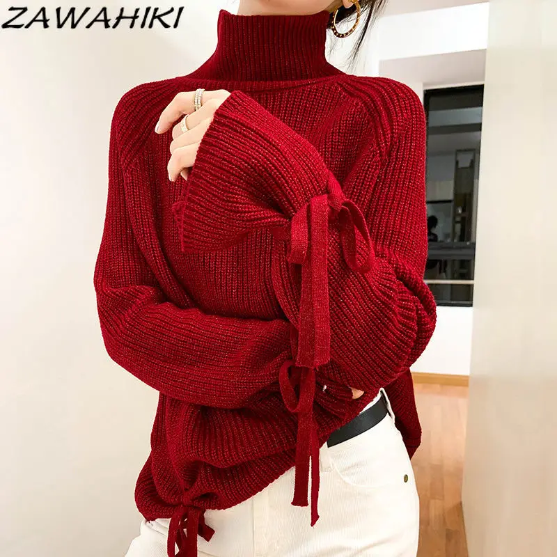 

ZAWAHIKI Turtleneck Solid Sweet Knit Pullover Fashion All Match 2022 Autumn Winter Sweaters Long Sleeve Casual Loose Sweater Top