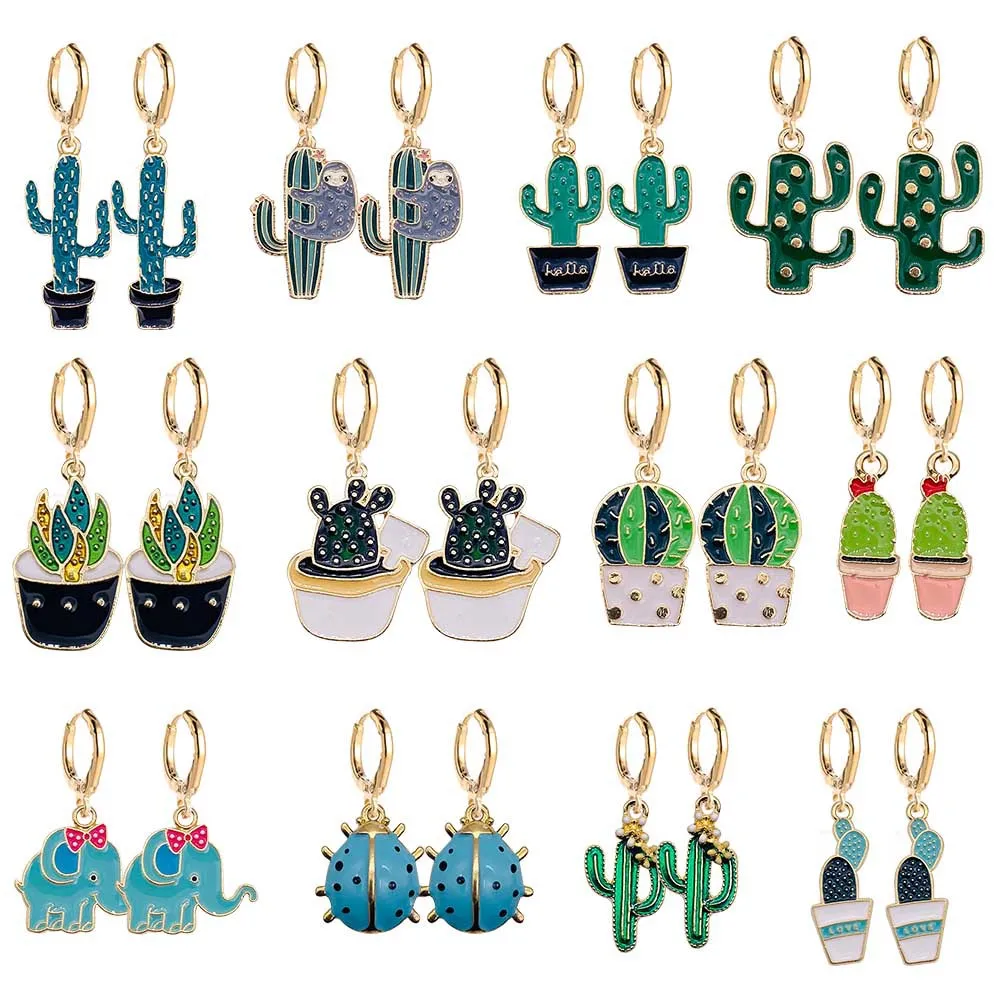 

Sweet Cartoon Cactus Earrings Fashion Creations Elephant Ladybug Alloy Oil Drop Dangle Earrings for Women Jewellery Gift