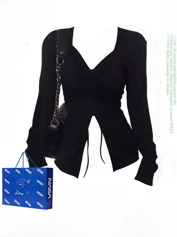  Pure Desire Sle Черная рубашка с v-образным вырезом и длинными рукавами Женская осенняя