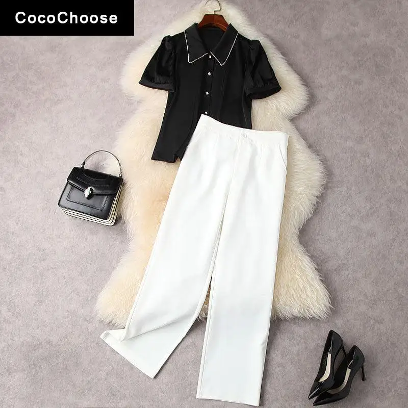 

Brief Women Summer Suits Spring 2022 Diamonds Beading Lapel Short Sleeve Black Shirts Top and White Pants Sets Two Piece Outfits