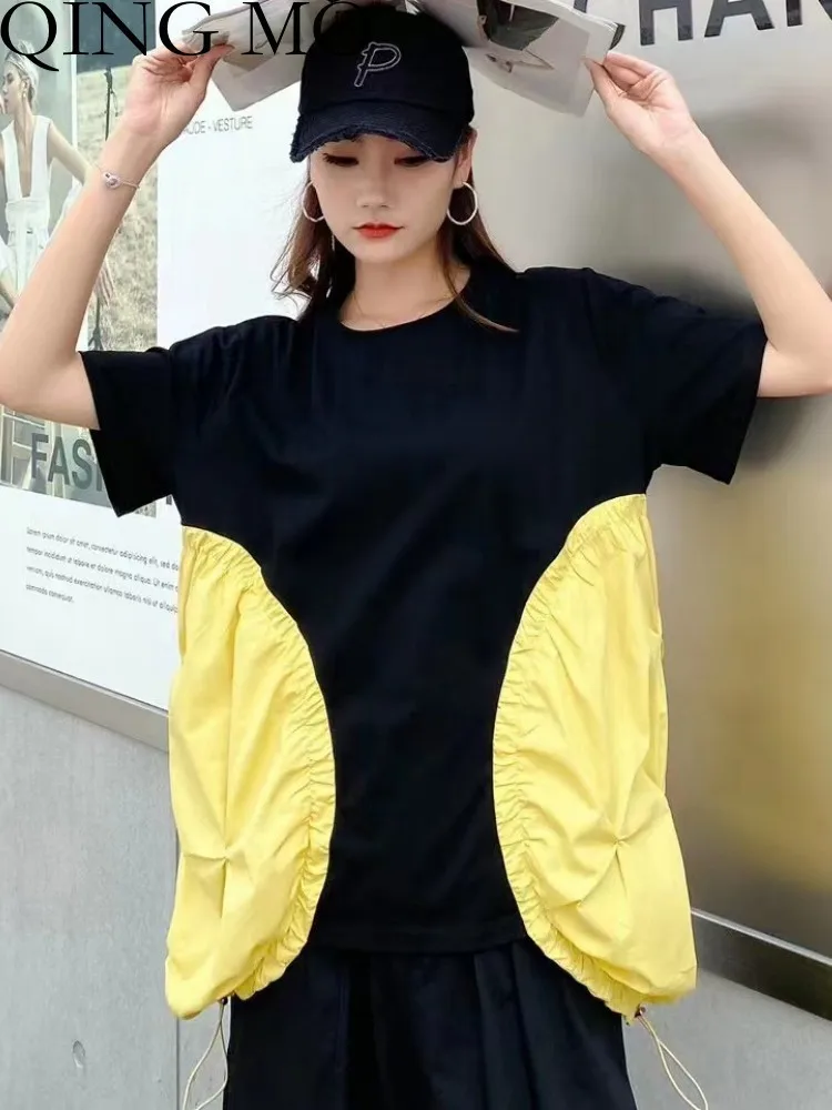 

QING MO Elegant Contrast Color T-shirt Women 2023 Summer Design Sense Small Fold Drawcord Large Short Sleeve Top Fashion ZXF3204