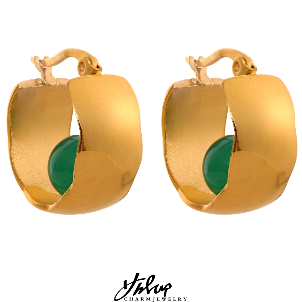 

Yhpup Green Agate Natural Stone Smooth Metal Stainless Steel Round Huggie Hoop Earrings 18K Gold Plated Charm Waterproof Jewelry