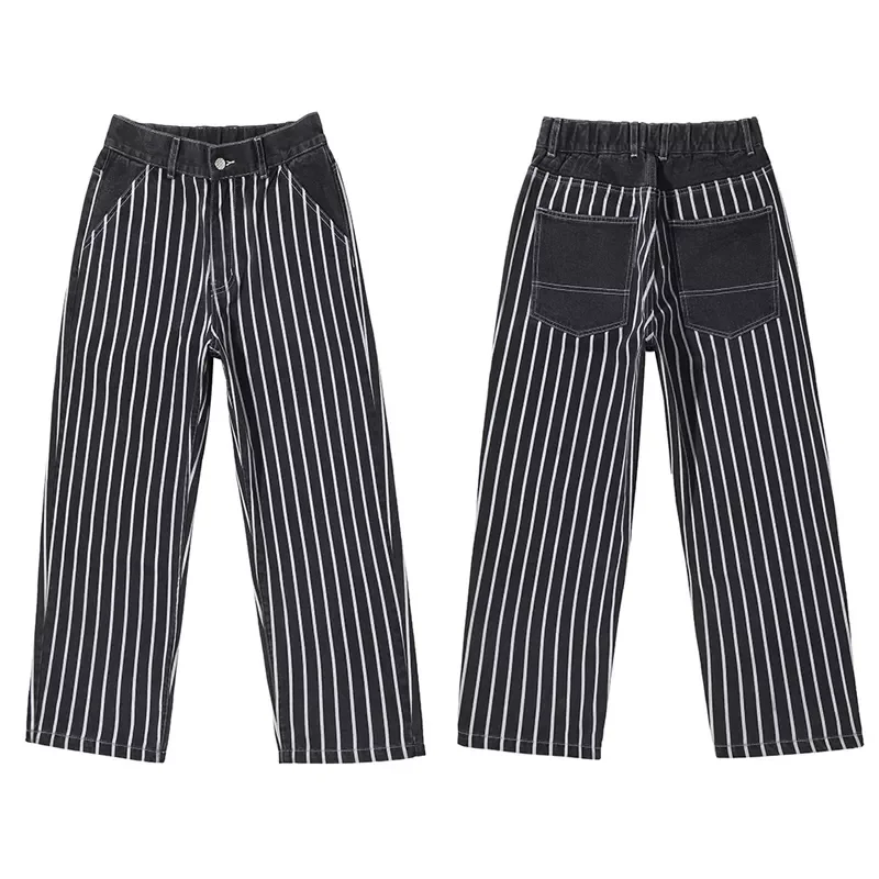 2022New Autumn New Men's Striped Denim Wide-leg Pants Korean Style Fashion Elastic Waist Baggy Jeans Male Brand Clothes