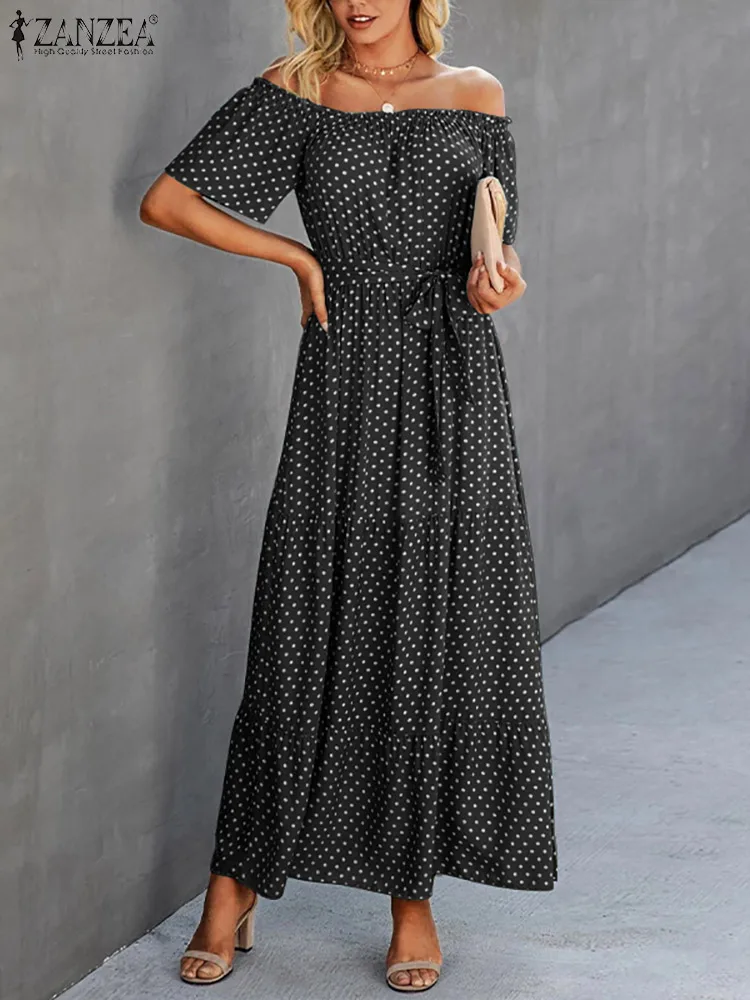 

ZANZEA Women Ruffles Dress Bohemian Dots Printed Maxi Vestidos Casual Solid Off Shoulder Lace Up Holiday Sundress Elegant Robes