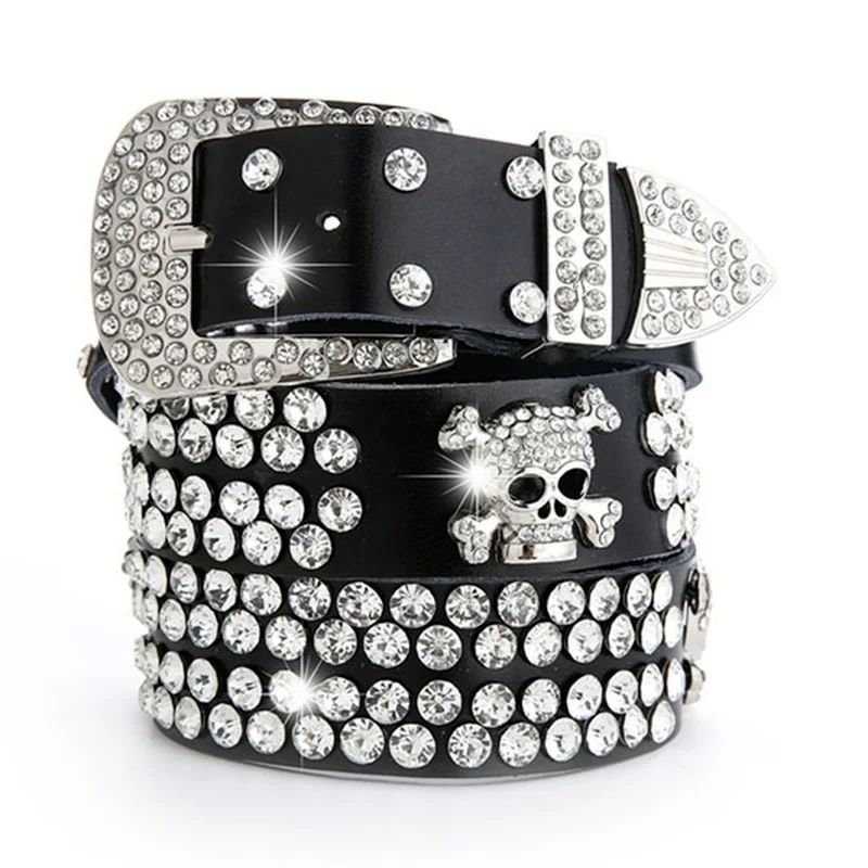 

Vintage Rhinestone Skull Belts For Women Wide Buckle Belt For Women High Quality Cow Skin Strap Female Jeans Waistband