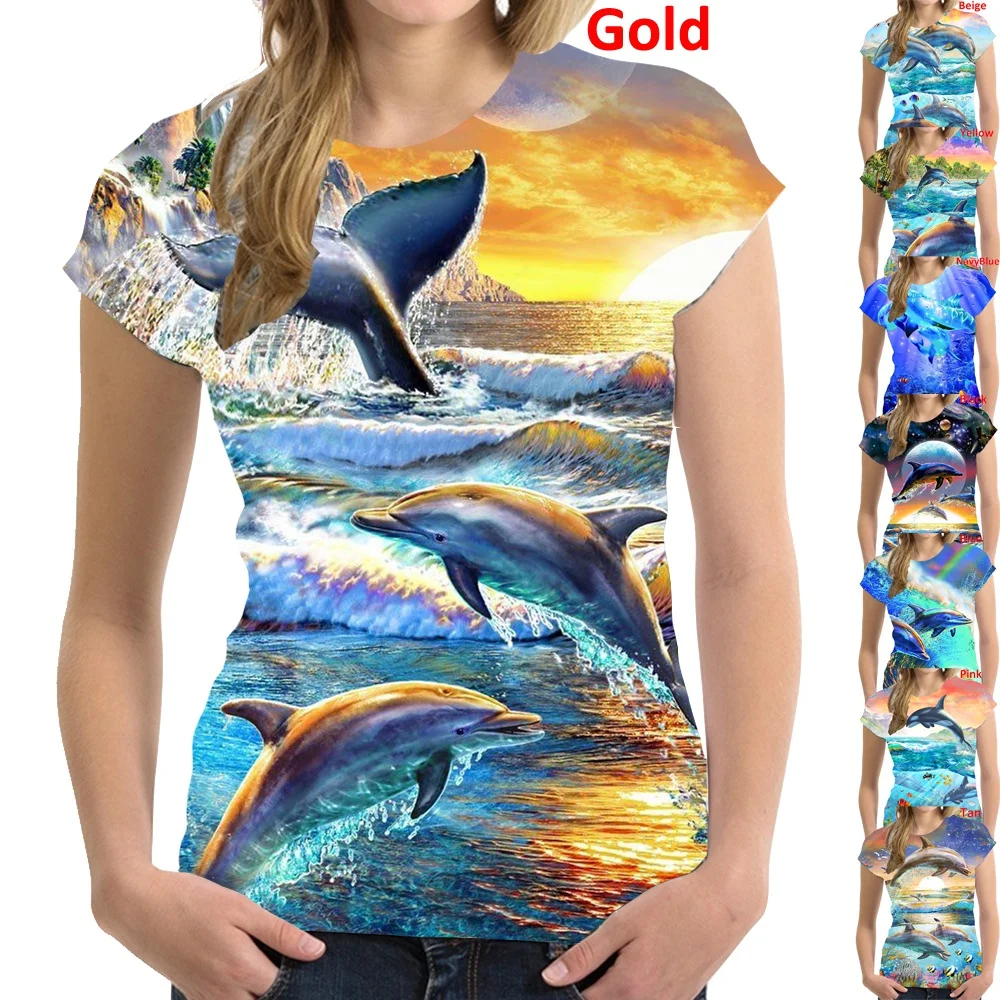 

Funny Dolphin Print Women's T-Shirts Personality Hip-hop O-Neck Sweat T Shirts Casual Tee Clothes Summer Street Tops Women